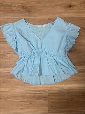 miami Light Blue V-Neck Peplum Flutter Sleeve Top
